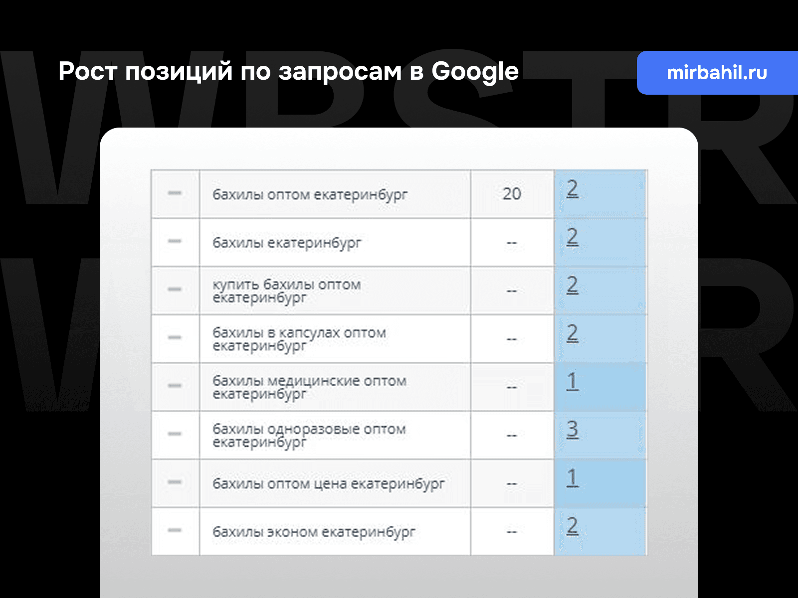 Позиции по запросам Google для проекта «Мир бахил»
